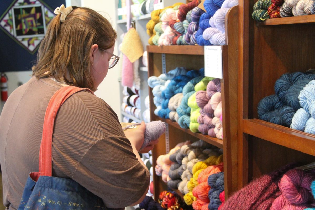A woman holds a skein of lavender yarn in front of a wood bookcase full of other yarn skeins.