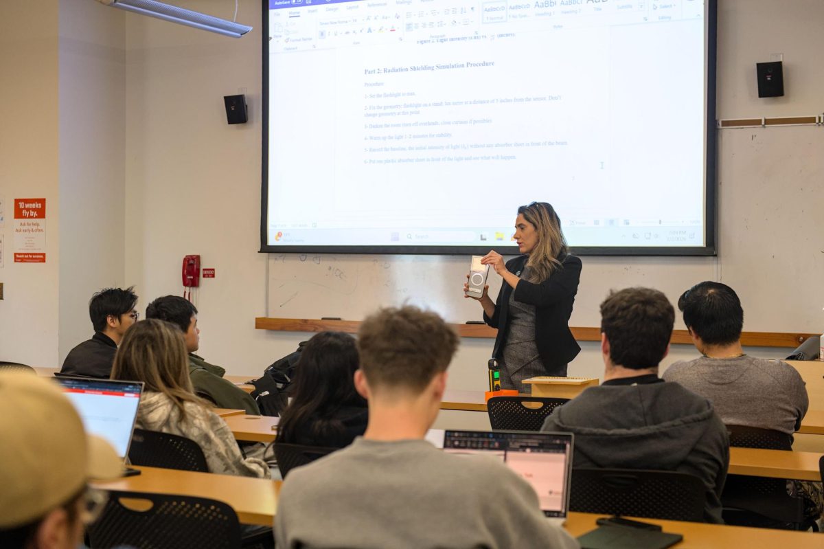 An adult woman speaks in front of several seated college-aged students. Behind her, a presentation is projected on a screen.