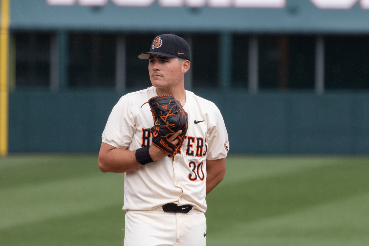 Freshman Trey Morris (30) prepares to pitch the ball during the first inning of the game against University of Oregon in Goss Stadium on April 22, 2026. Oregon State was able to have a lead in the first, but couldn’t overcome the Ducks in a 7-3 loss.