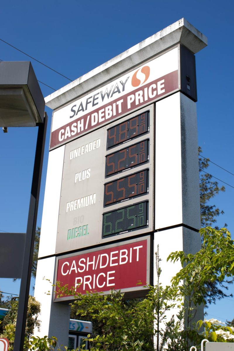 A gas station sign outside with gas prices.