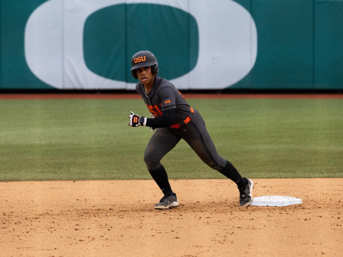 Jaeya Butler (23) steps off first base and makes a run to second during Oregon State’s game against the University of Oregon at Jane Sanders Stadium. Oregon State loses 8–3, May 13, 2026.