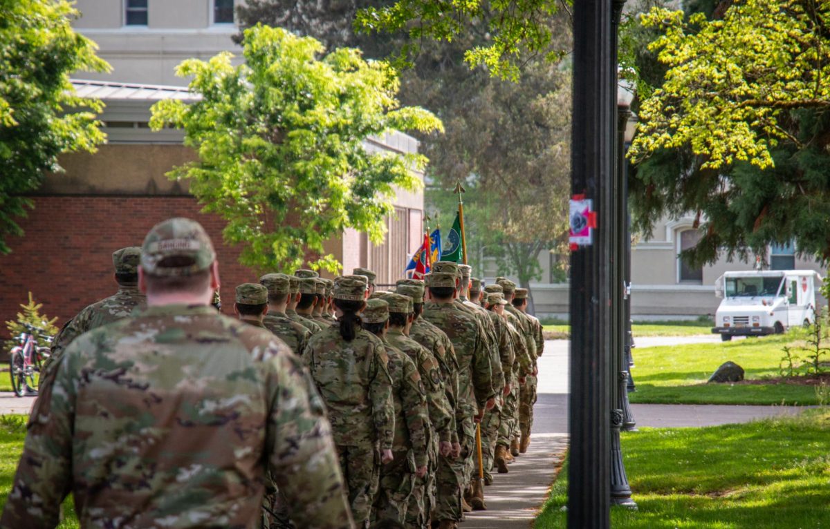 A line of men and women dressed in matching camouflage uniforms march in a straight line in rows of twos. Scattered throughout the line of marchers, are other uniformed people holding flags.