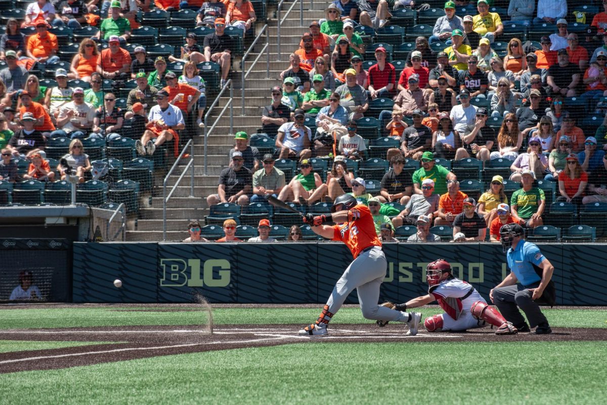 Infielder Jacob Krieg (22) hits a ball during the game against Washington State at PK Park for the Eugene regional on May 31, 2026. The Beavers took home the win (10-1) and advanced to Game 6 against the Ducks. 