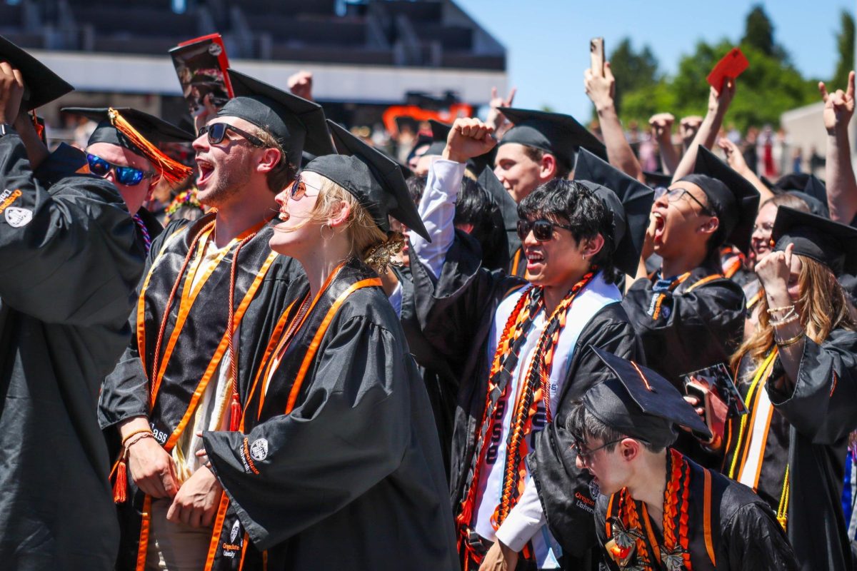 OSU’s Engineering graduates yell and cheer in Reser Stadium during the
Commencement Ceremony on June 13, 2026. The annual ceremony celebrated the
completion of the 157th graduating class of OSU’s degrees.
