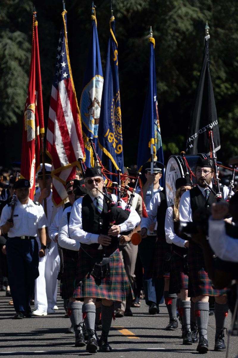 People march with flags and instruments down a street.