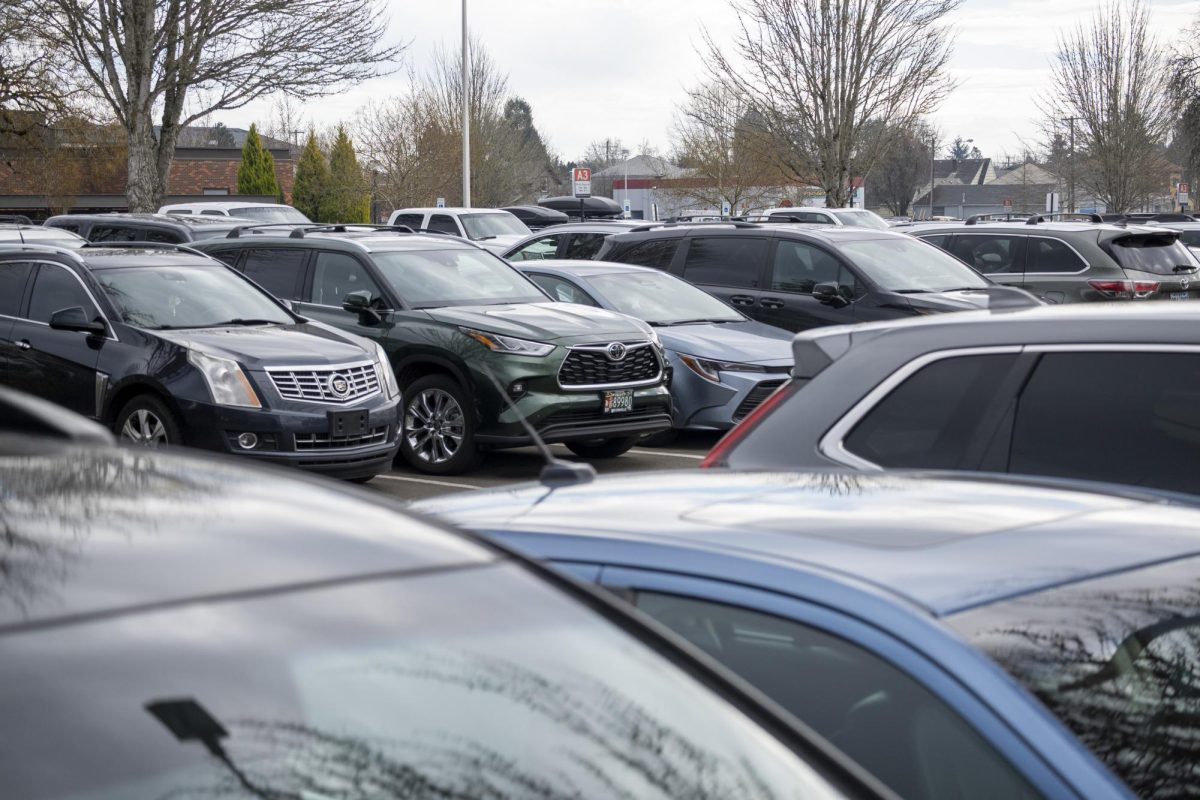 A parking lot filled with cars.