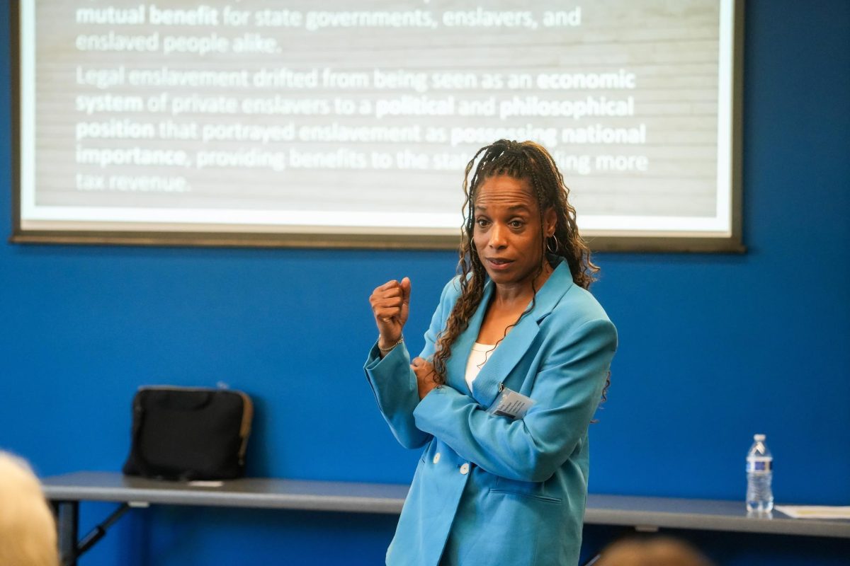 Keynote speaker, Dr. Dana Emerson, gives a talk on the history of Juneteenth in the
Corvallis Community Center on June 20, 2026. VP of student learning and success at the College of Marin, Dr. Dana Emerson has maintained a primary focus on diversity, equity and inclusion within her work.