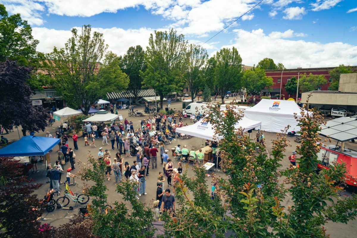 A crowd gathers along 2nd St in downtown Corvallis on June 28, 2026. Local communities gathered for the Corvallis Open Streets Festival, a day of music, food, and car-free activities.