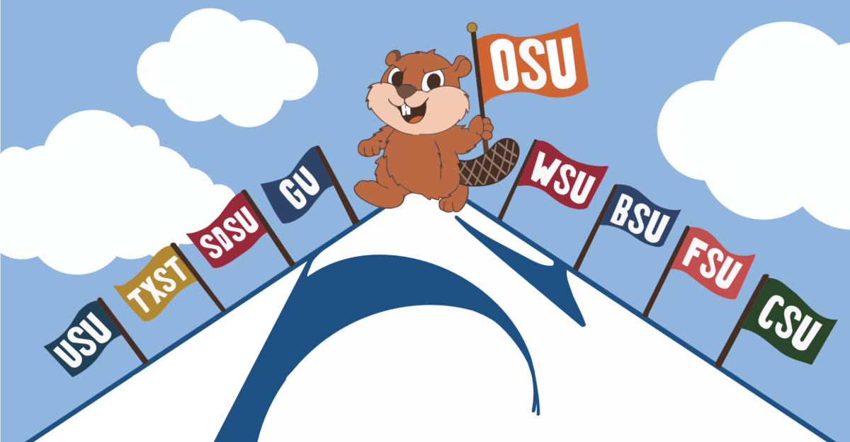 A graphic of a beaver waving a flag labelled 'OSU' standing on top of a mountain.